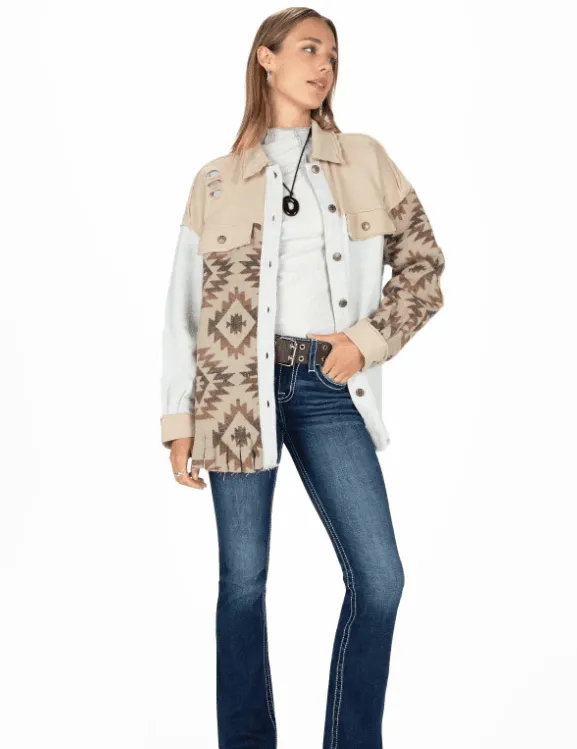 Miss Me Women's Taupe Aztec Button Down Shacket MJ0488L