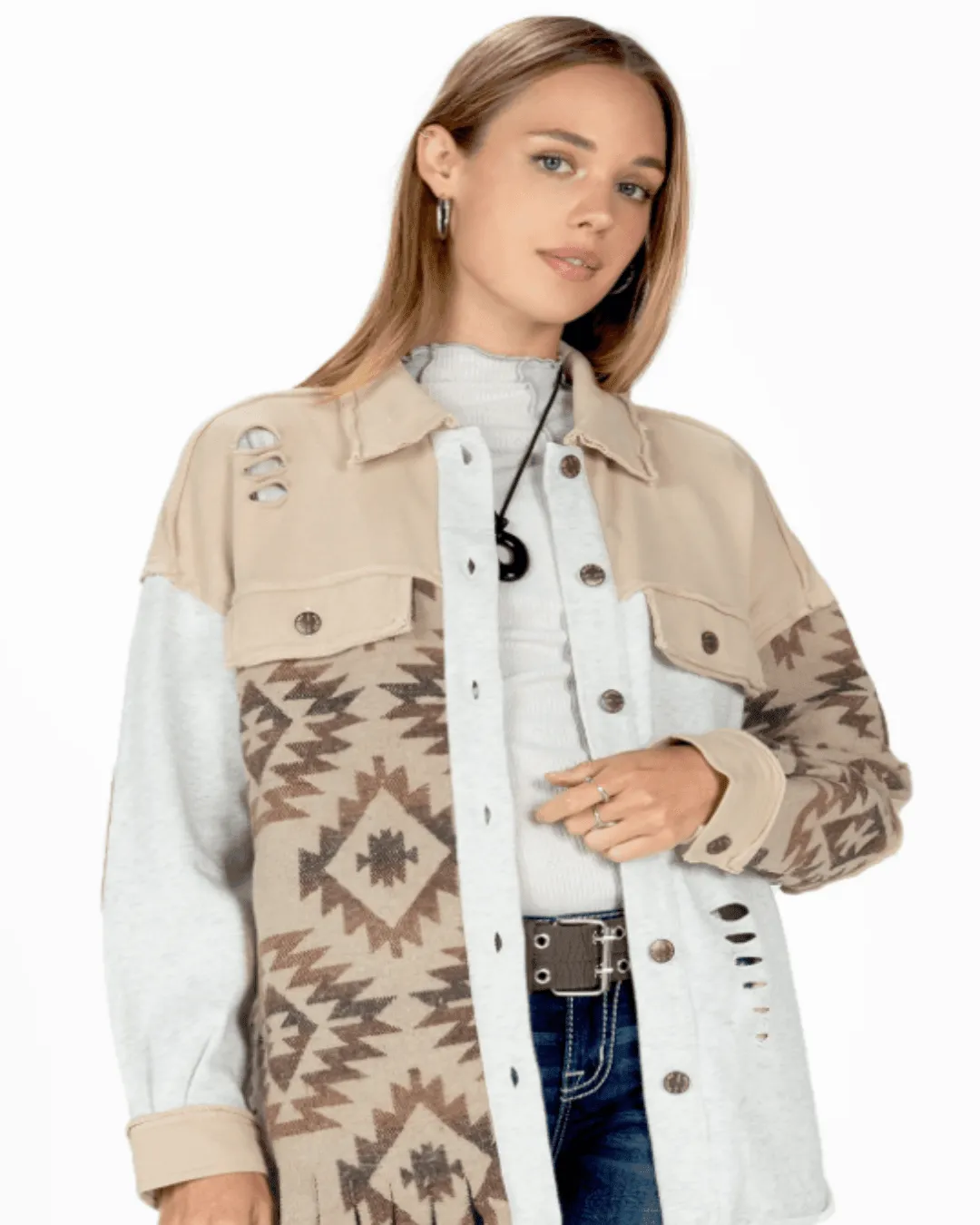 Miss Me Women's Taupe Aztec Button Down Shacket MJ0488L