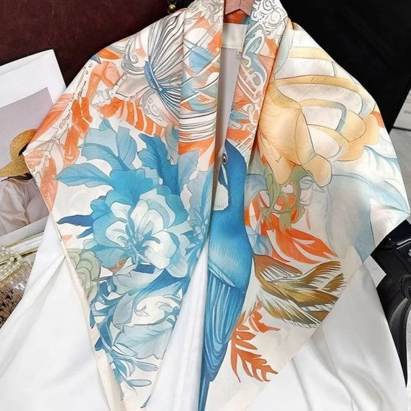 Mulberry Silk 14 Momme Square Scarf Floral and Avian 88x88 cm