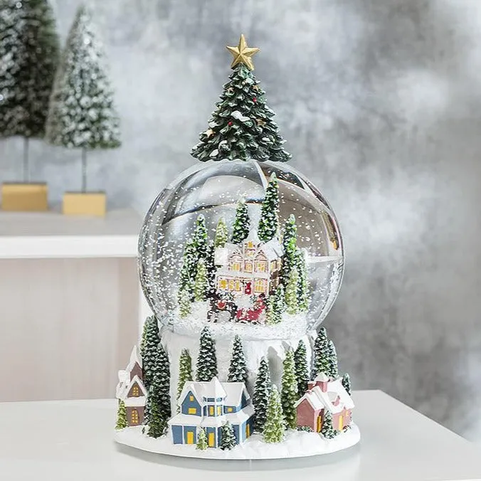 Musical Snow Globe with Village Scene Under a Tree