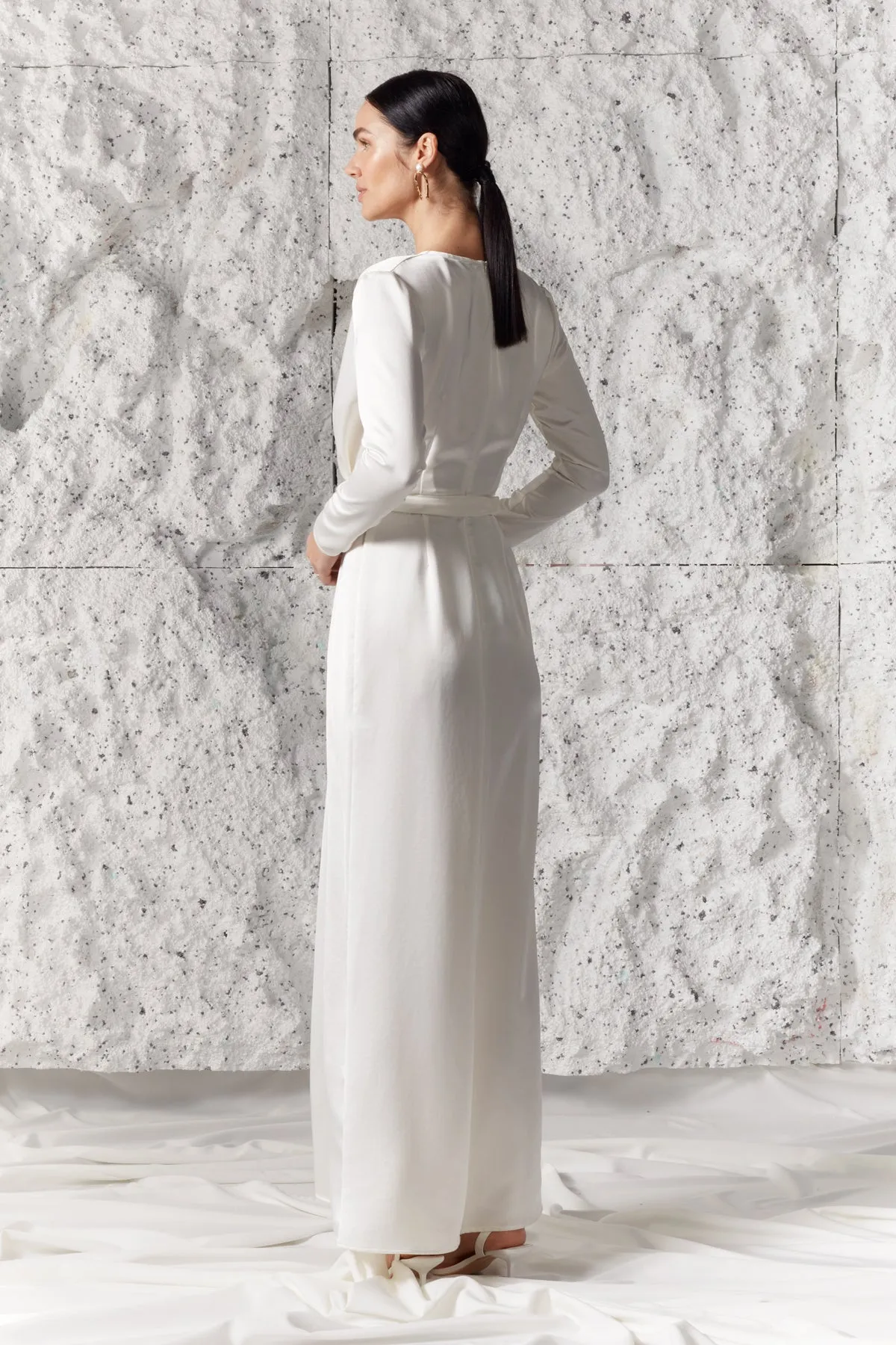 MUZA white satin deep v neck wedding dress