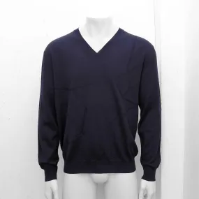 Navy Blue Wool Stitch Pattern V Neck Jumper