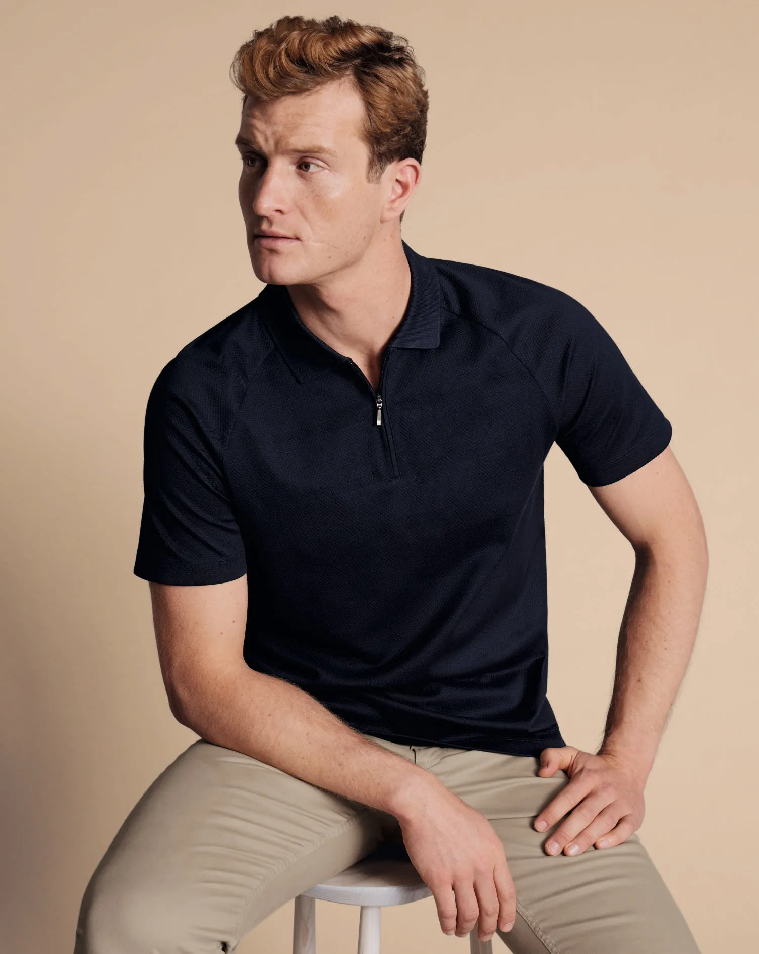 NAVY POPCORN TEXTURED STRIPE TYRWHITT COOL ZIP NECK