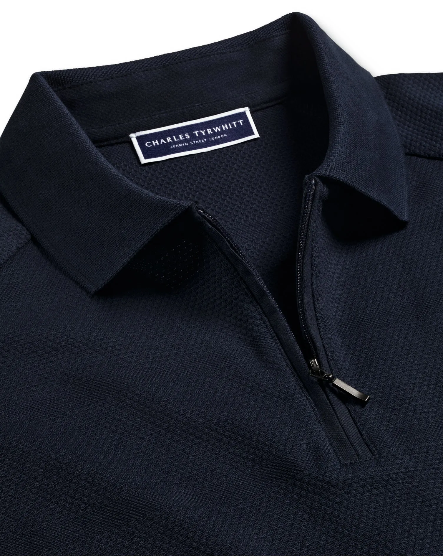 NAVY POPCORN TEXTURED STRIPE TYRWHITT COOL ZIP NECK