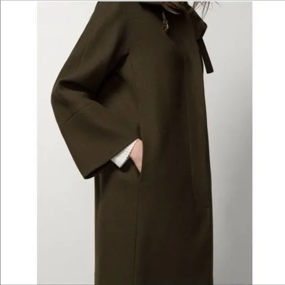 New Women's Designer Massimo Dutti Oversized Wool Blend Dark Olive Green Coat, Sz M! Retails $340 