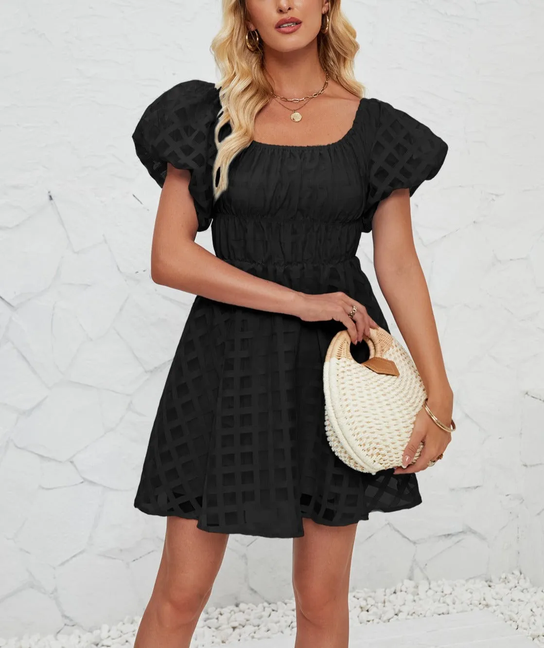 Off Shoulder Bubble Pleated Mini Dress