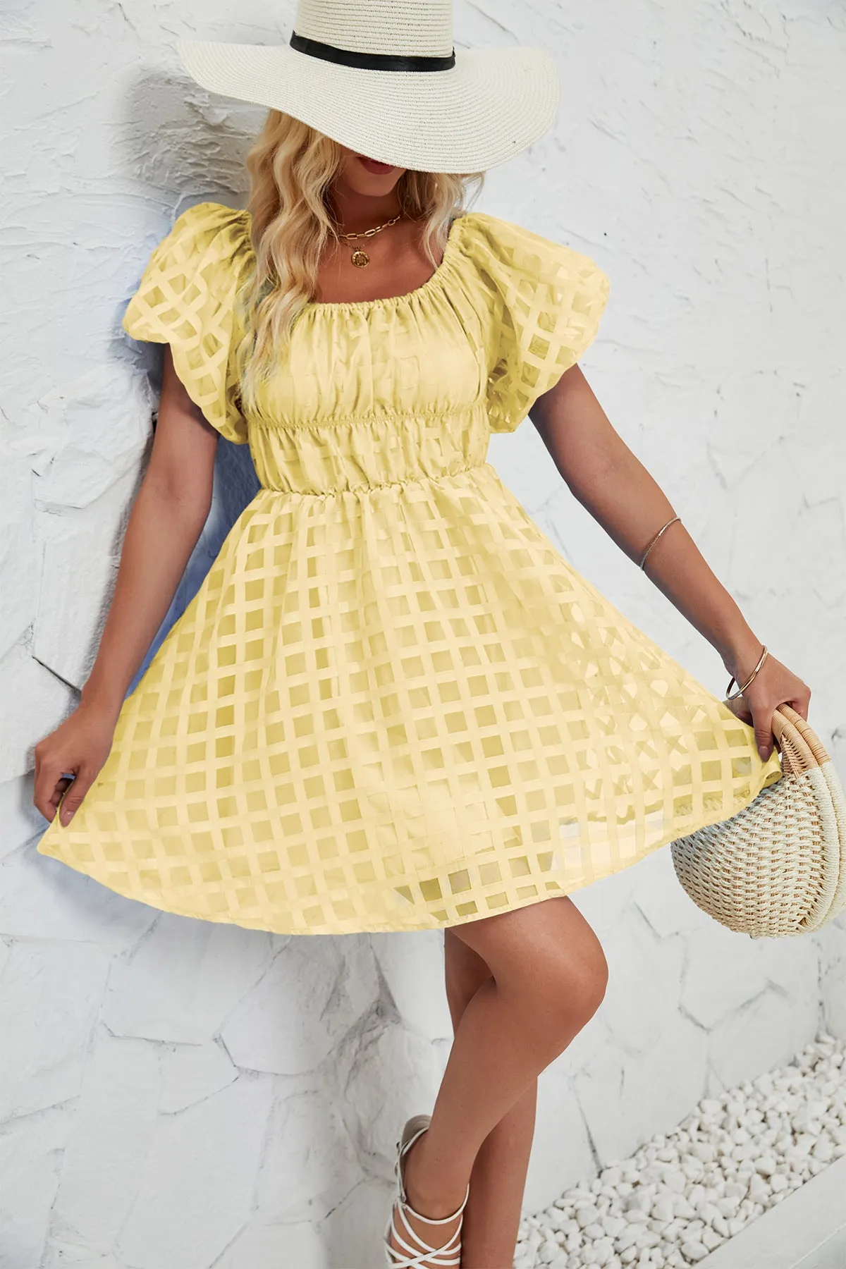 Off Shoulder Bubble Pleated Mini Dress