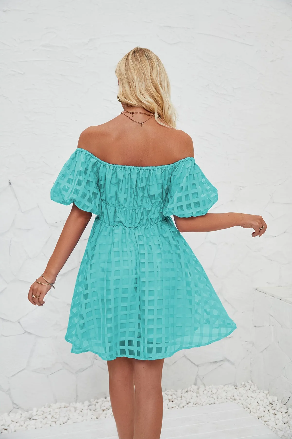 Off Shoulder Bubble Pleated Mini Dress