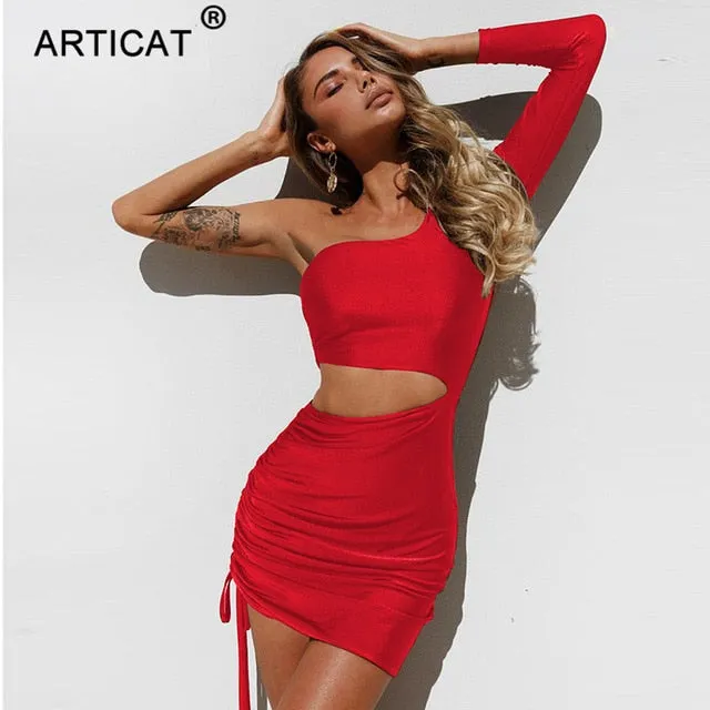 One Shoulder Hollow Out Pleated Bandage Bodycon Mini Casual Party Autumn Summer Dress