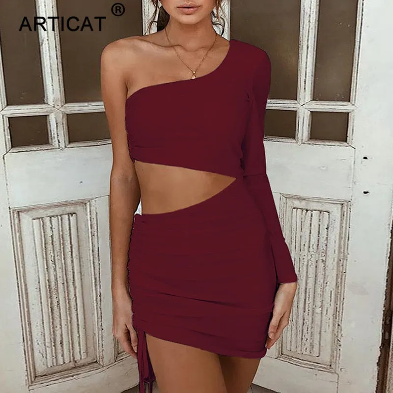 One Shoulder Hollow Out Pleated Bandage Bodycon Mini Casual Party Autumn Summer Dress