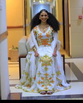 Orange With Golden Design Habesha Dress Wedding Habesha Kemis Modern Ethiopian Dress Style