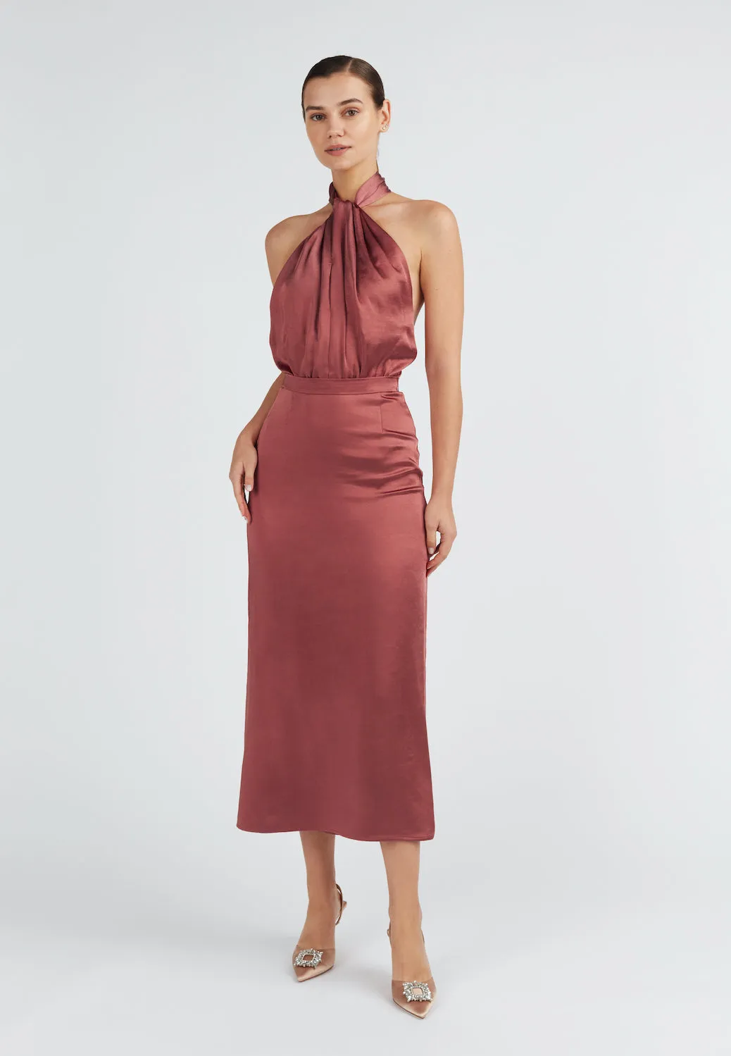 PAULA brick red satin midi dress