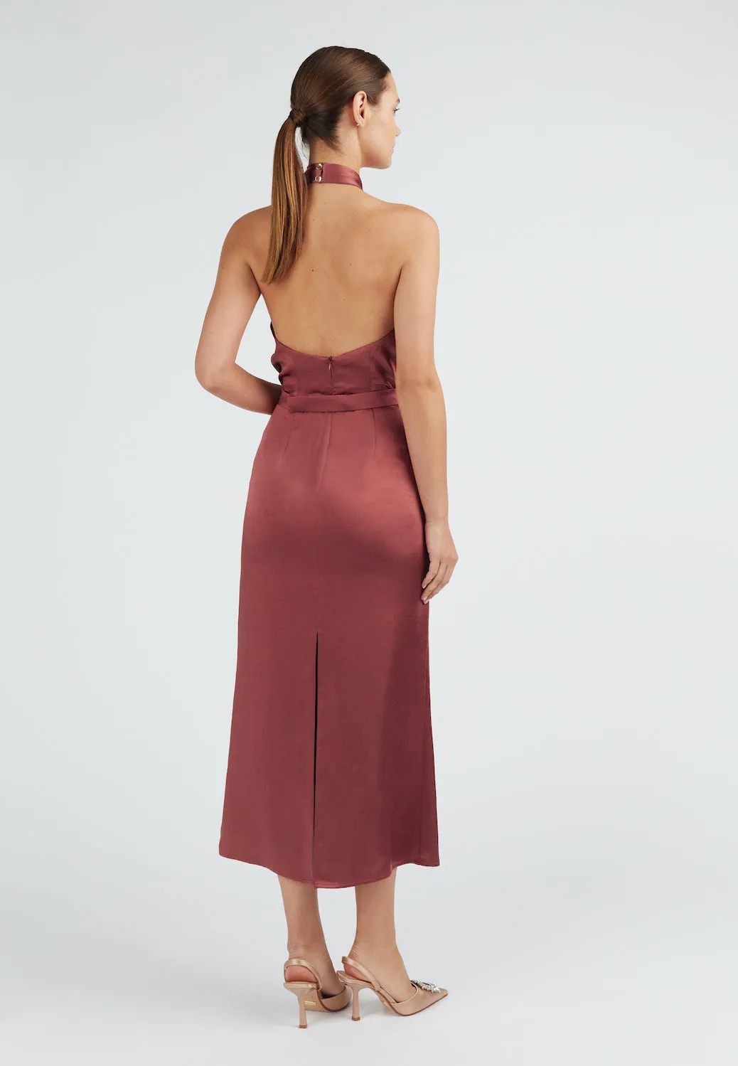 PAULA brick red satin midi dress