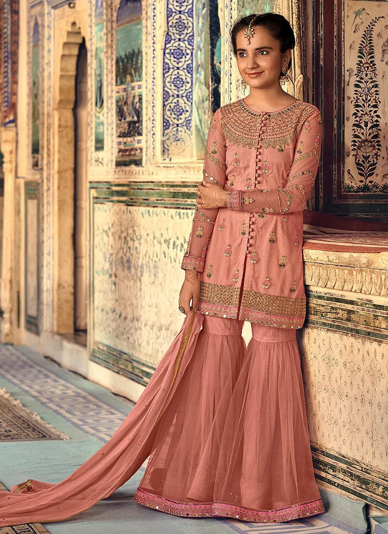 Peach Overall Embellished Gharara Suit