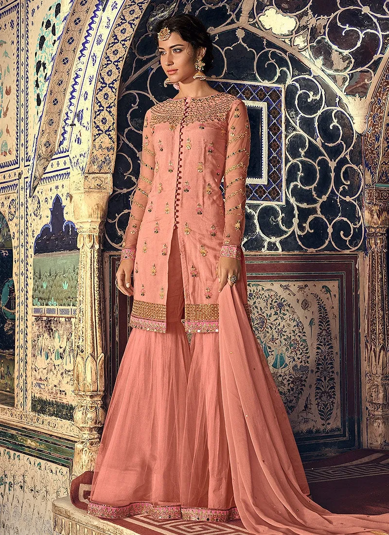 Peach Overall Embellished Gharara Suit