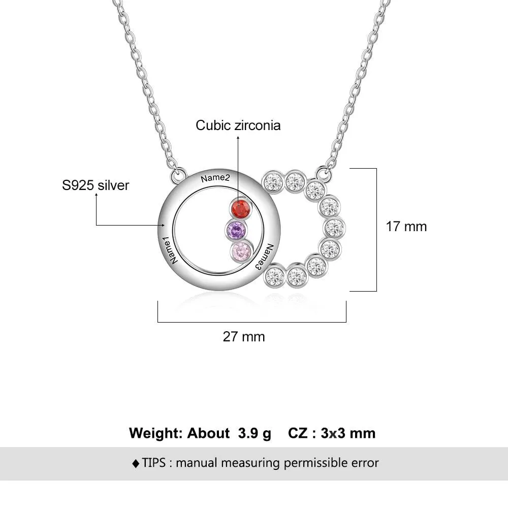 Personalized Women’s 925 Sterling Silver Family Necklace with 3 Names Circle & Custom Birthstones Pendant, Classic Jewelry for Mother