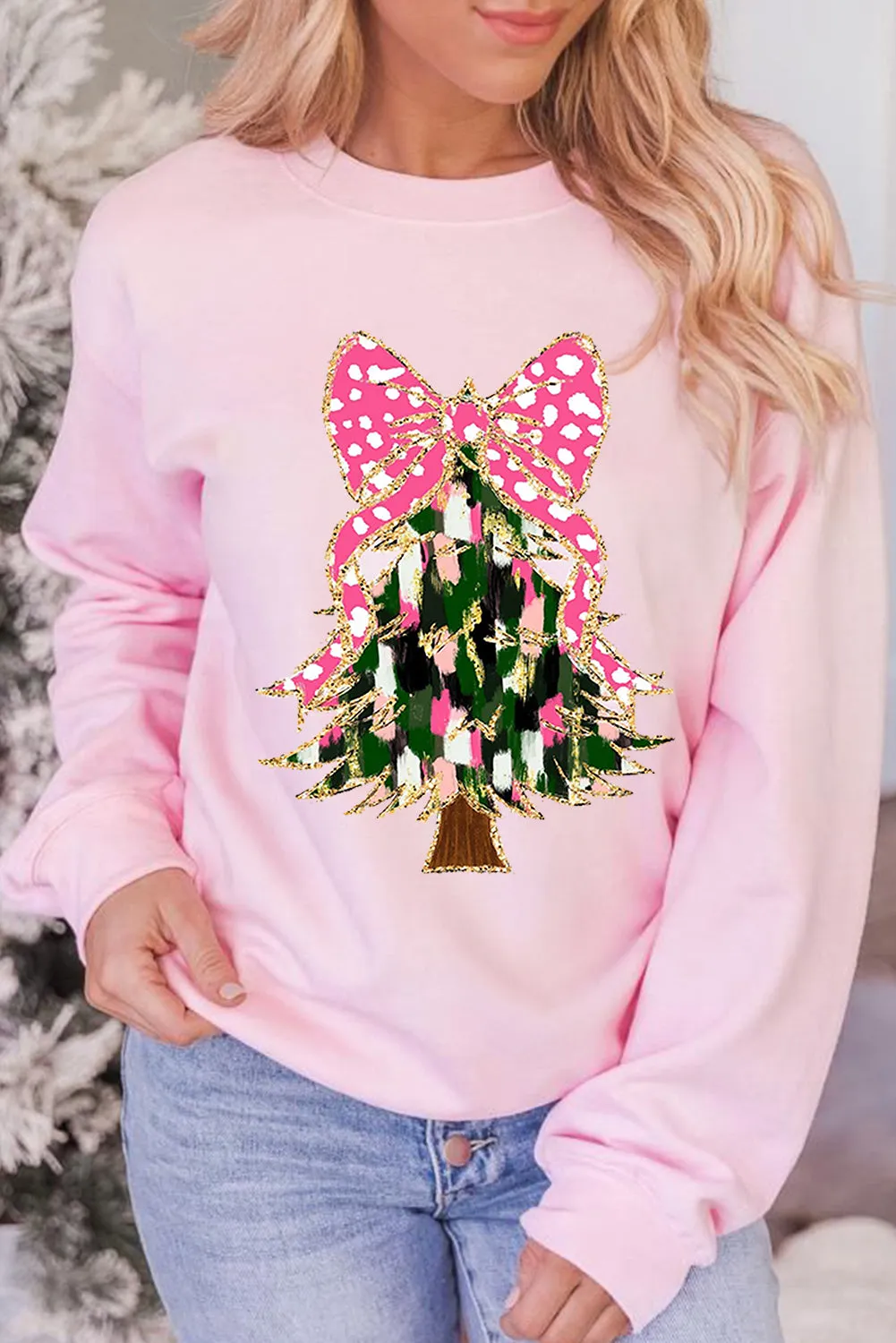 Pink Glittering Bowknot Christmas Tree Graphic Sweatshirt