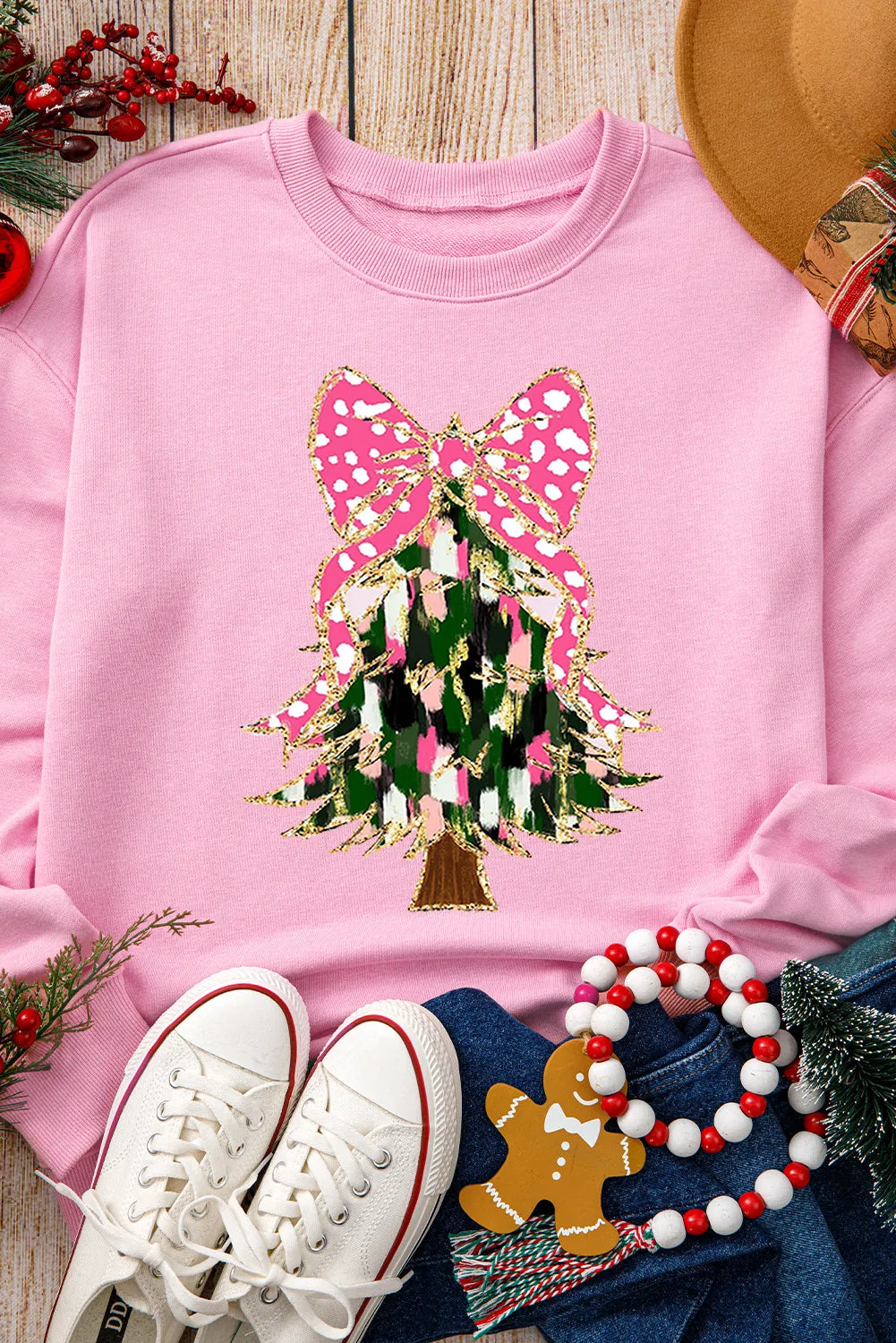 Pink Glittering Bowknot Christmas Tree Graphic Sweatshirt