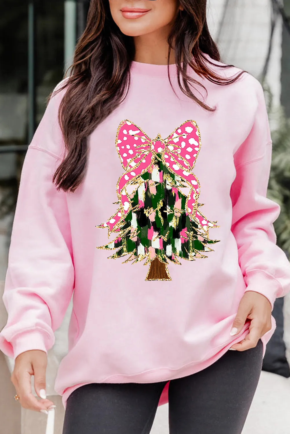 Pink Glittering Bowknot Christmas Tree Graphic Sweatshirt