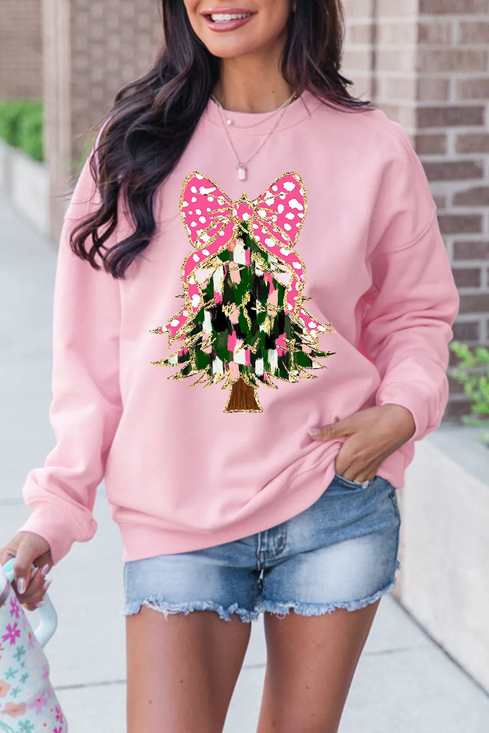 Pink Glittering Bowknot Christmas Tree Graphic Sweatshirt