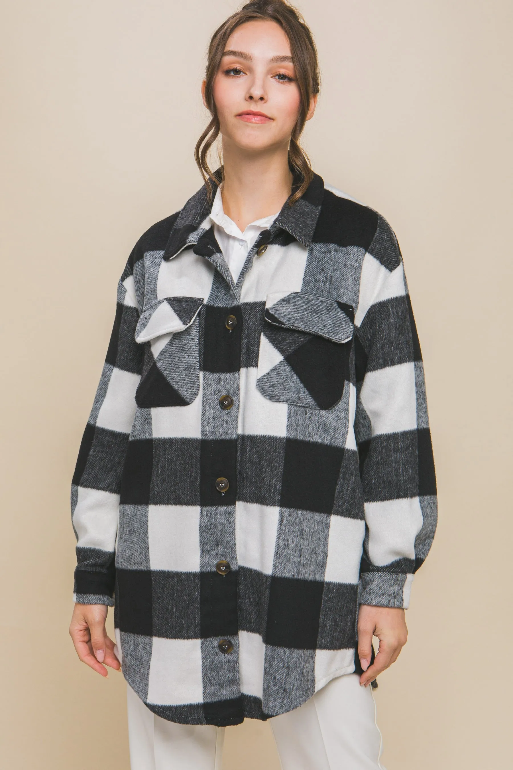 Plaid Long Pocket Shacket(Black)