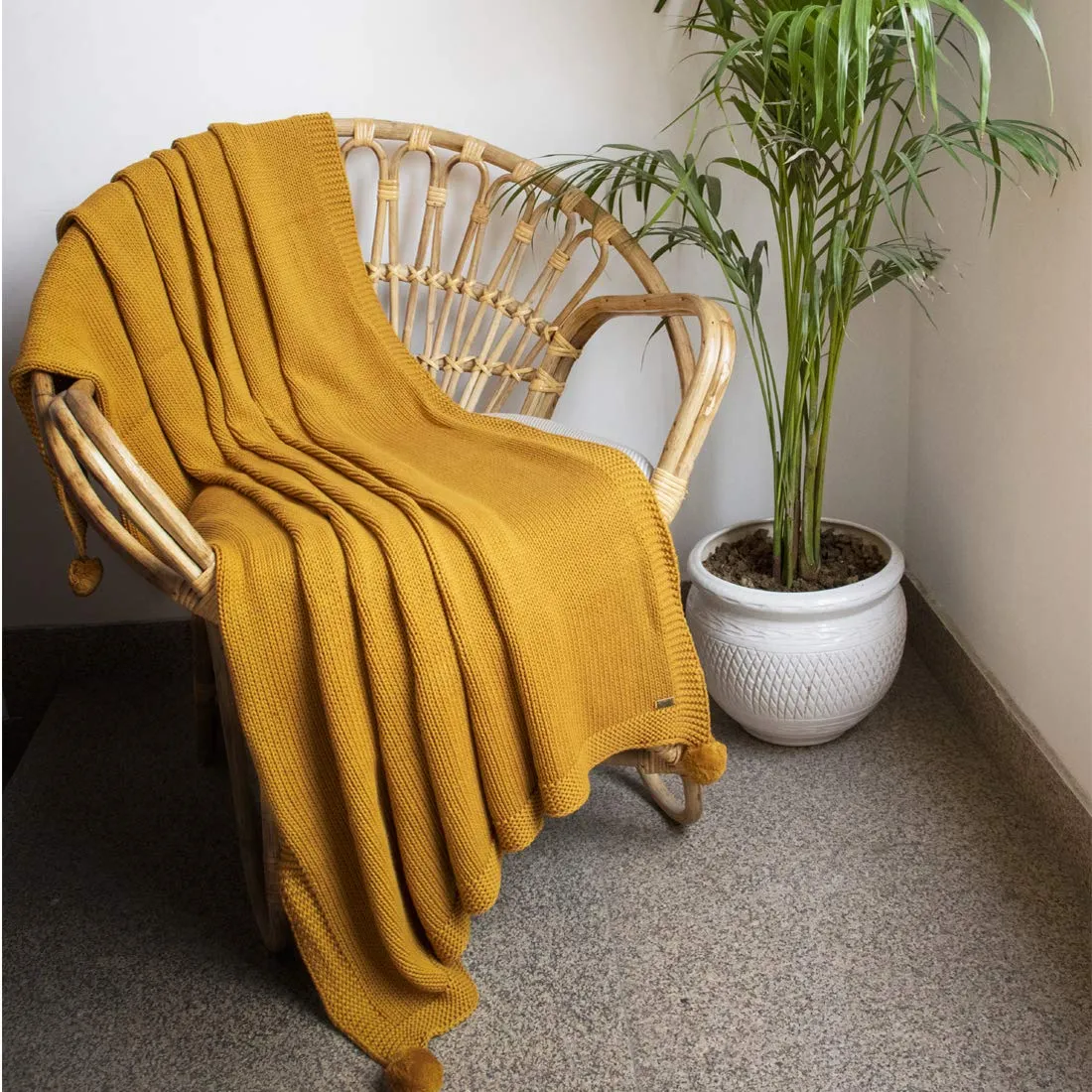 Pluchi Chunky Jersey Cotton Knitted All Season AC Throw Blanket in Mustard Color (125 cm x 150 cm)