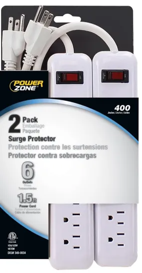 PowerZone OR2013X2 Surge Protector, 125 V, 15 A, 6-Outlet, 400 Joules Energy, White :CD 2: QUANTITY: 1