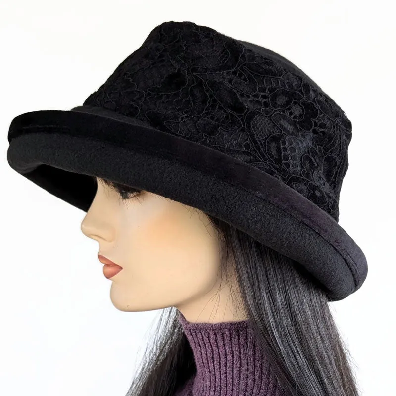 Premium Winter Fashion Hat with velvet trim, black with black velvet lace band trim