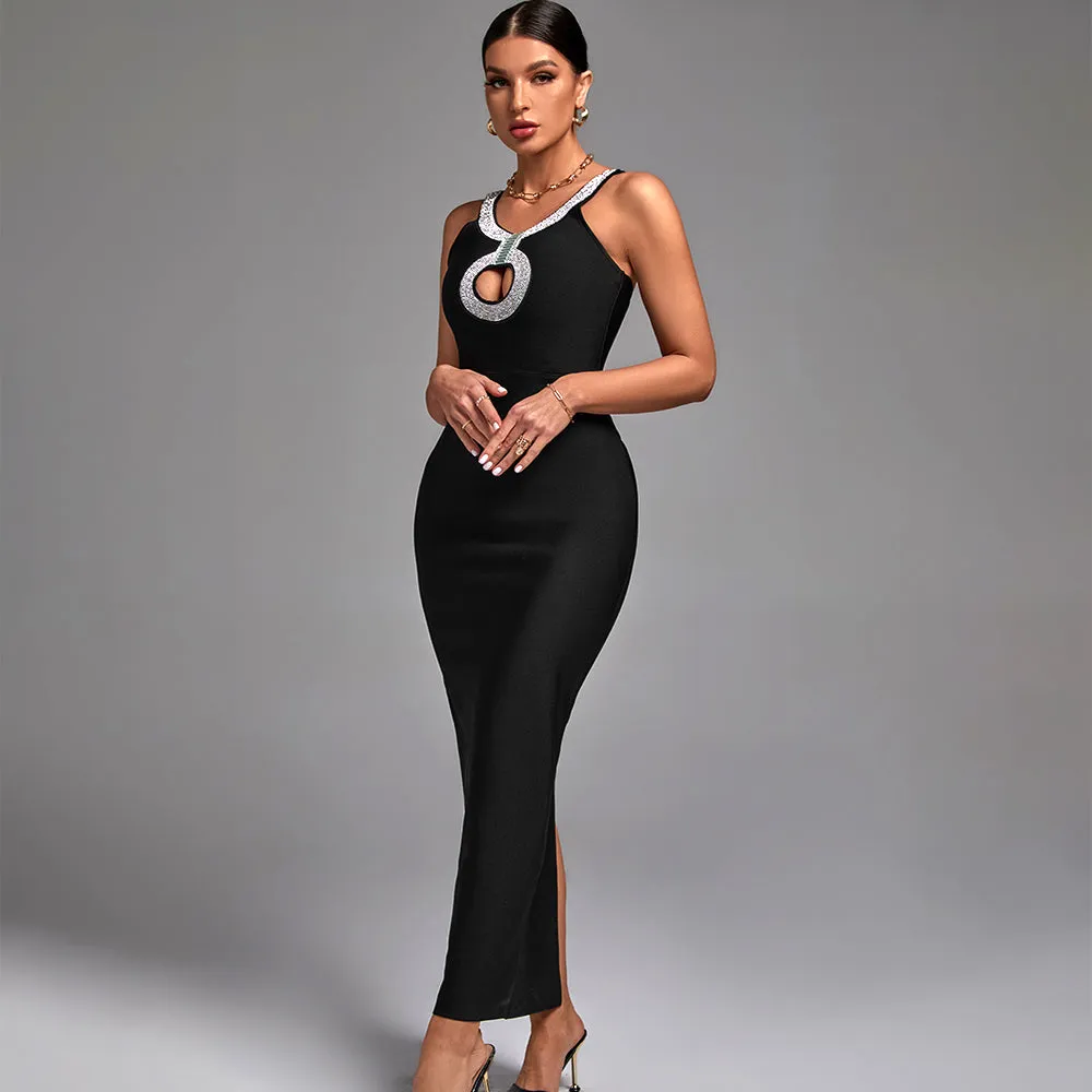 Rhinestone Halter Cutout Detail Maxi Bodycon Dress