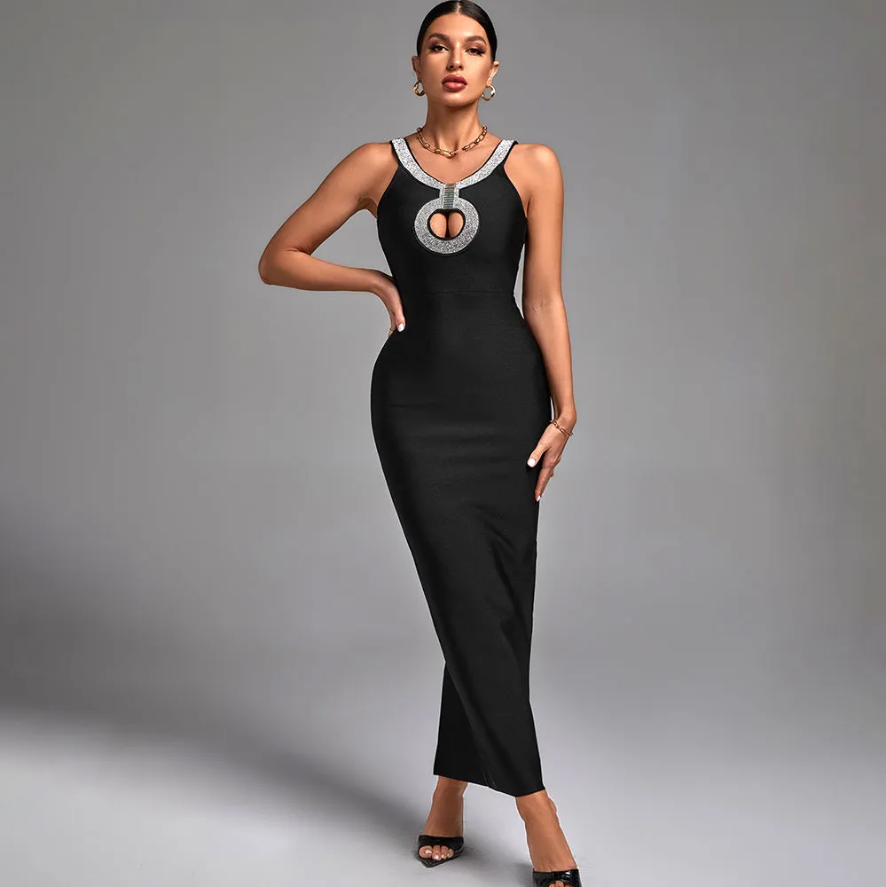 Rhinestone Halter Cutout Detail Maxi Bodycon Dress