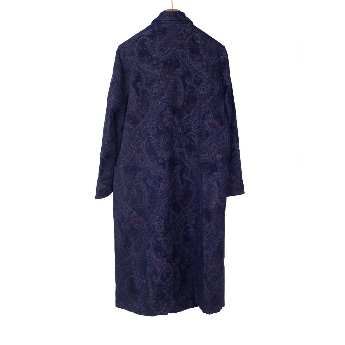 Robe coat in hand-dyed indigo Gobelin paisley cotton tapestry