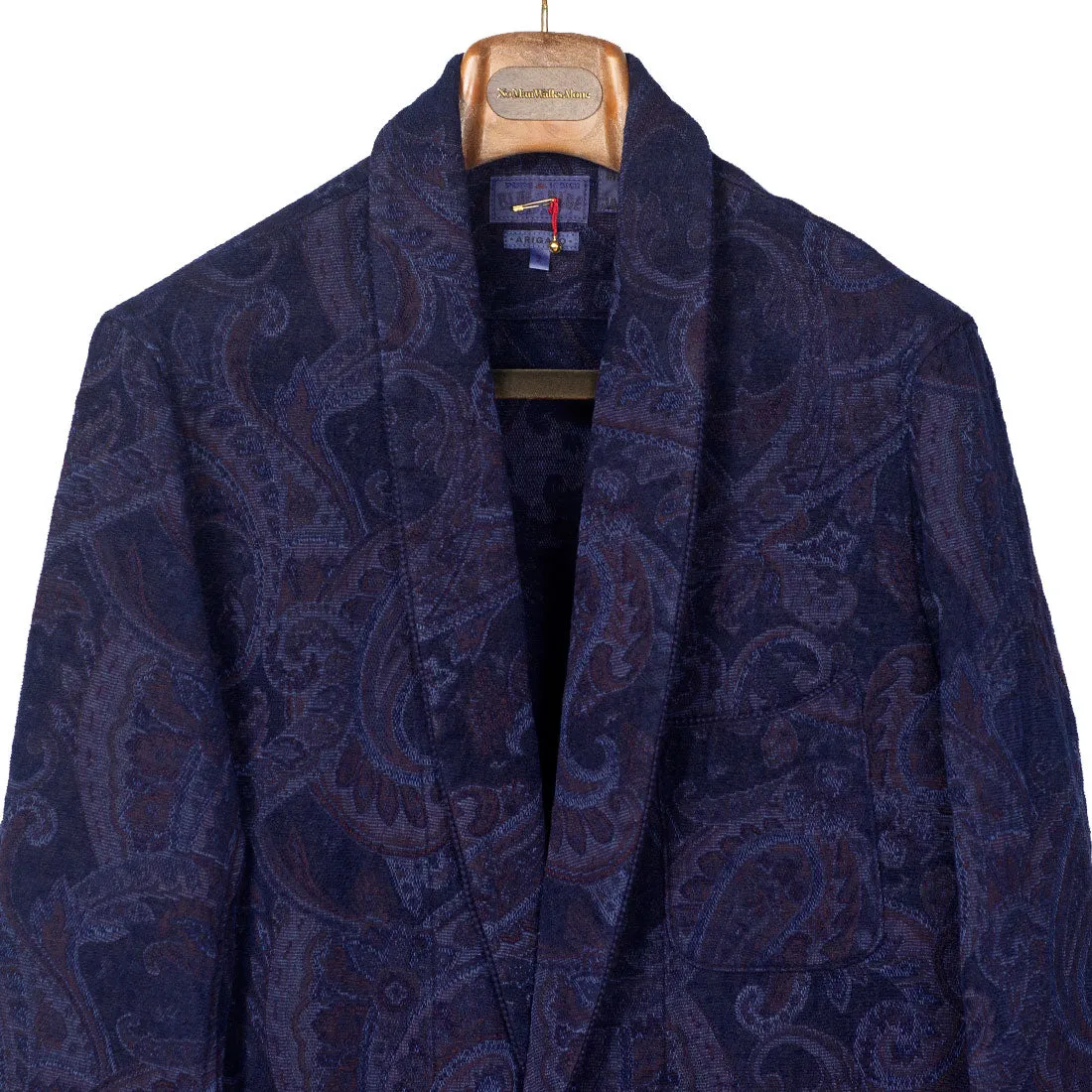 Robe coat in hand-dyed indigo Gobelin paisley cotton tapestry