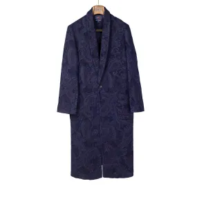 Robe coat in hand-dyed indigo Gobelin paisley cotton tapestry