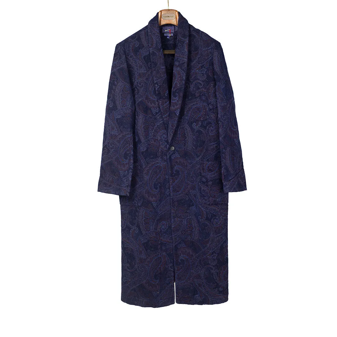 Robe coat in hand-dyed indigo Gobelin paisley cotton tapestry