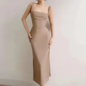 Sandstone Ribbed Square Neck Bodycon Maxi Dress