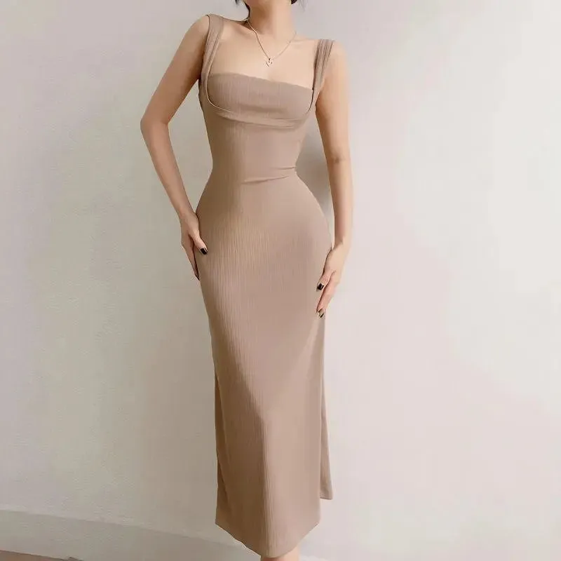 Sandstone Ribbed Square Neck Bodycon Maxi Dress