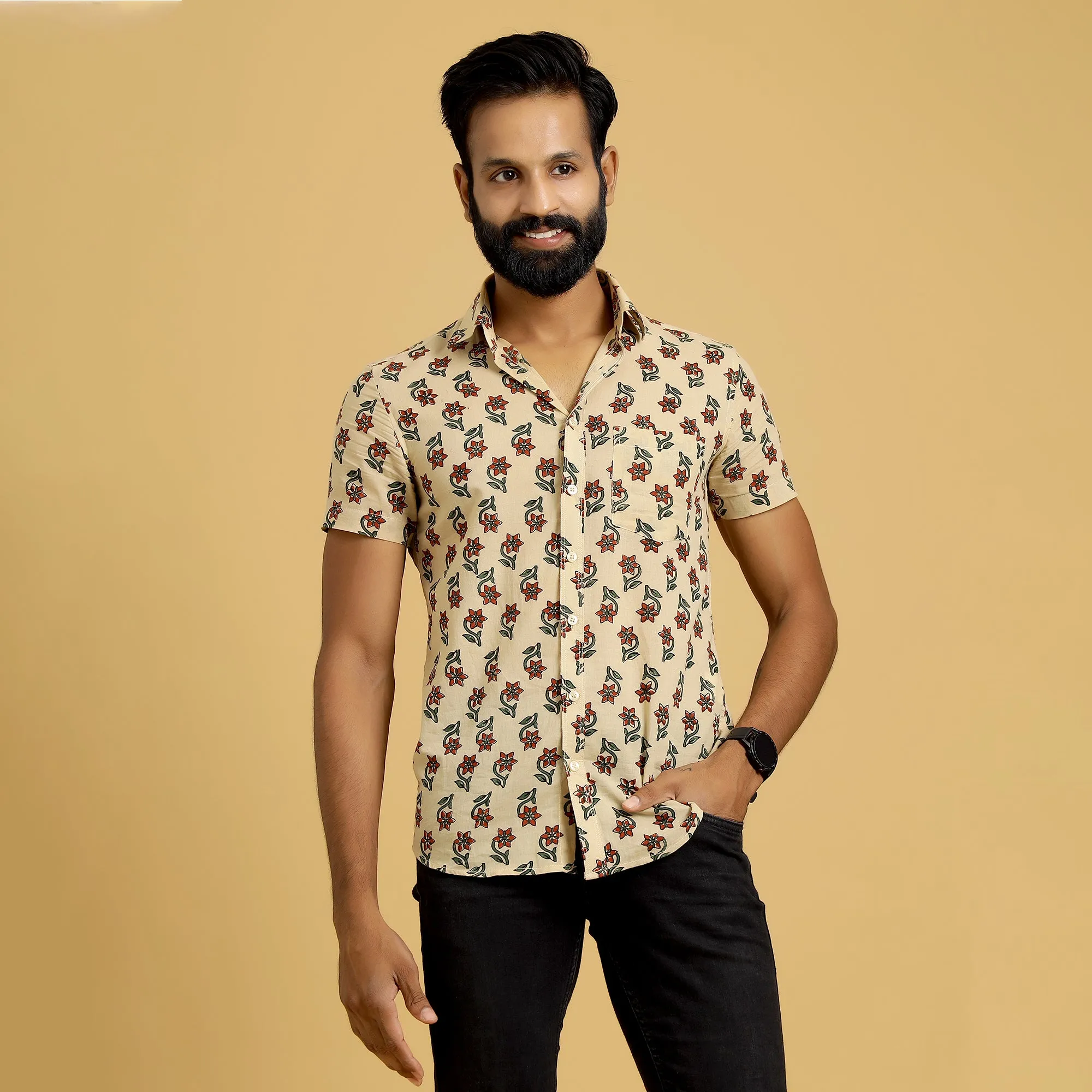 Sanskruti Homes Ivory Cotton Printed Shirt ( half sleeves )