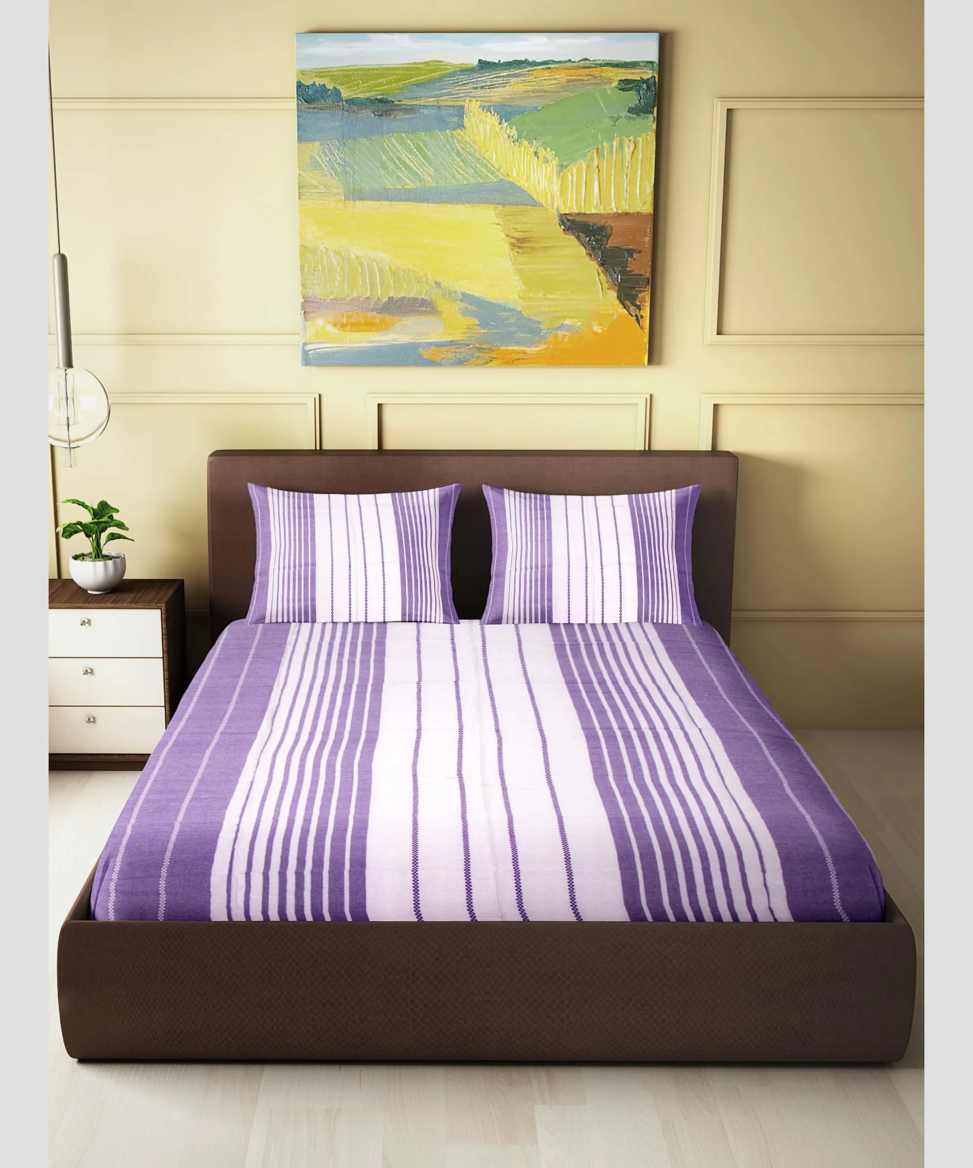 Saras Aajeevika|Handmade Cotton Single Bed Sheet|White Violet Line|310 GSM|Hand Block Print|Luxury Soft Sheets|90x60 inches|White Violet Line|0.668 Grm