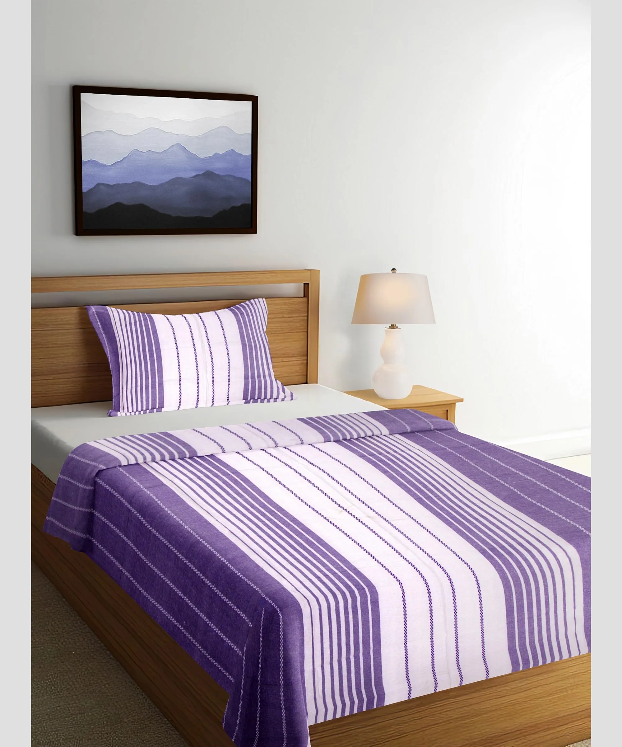 Saras Aajeevika|Handmade Cotton Single Bed Sheet|White Violet Line|310 GSM|Hand Block Print|Luxury Soft Sheets|90x60 inches|White Violet Line|0.668 Grm