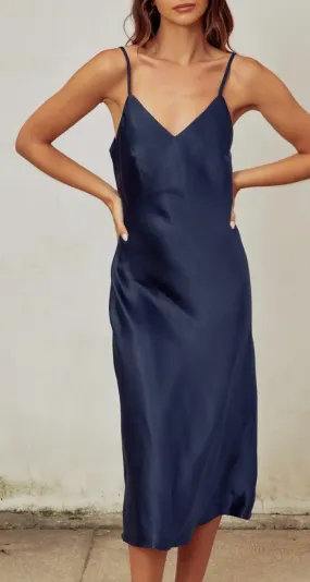 Satin Midi Slip Dress in Navy