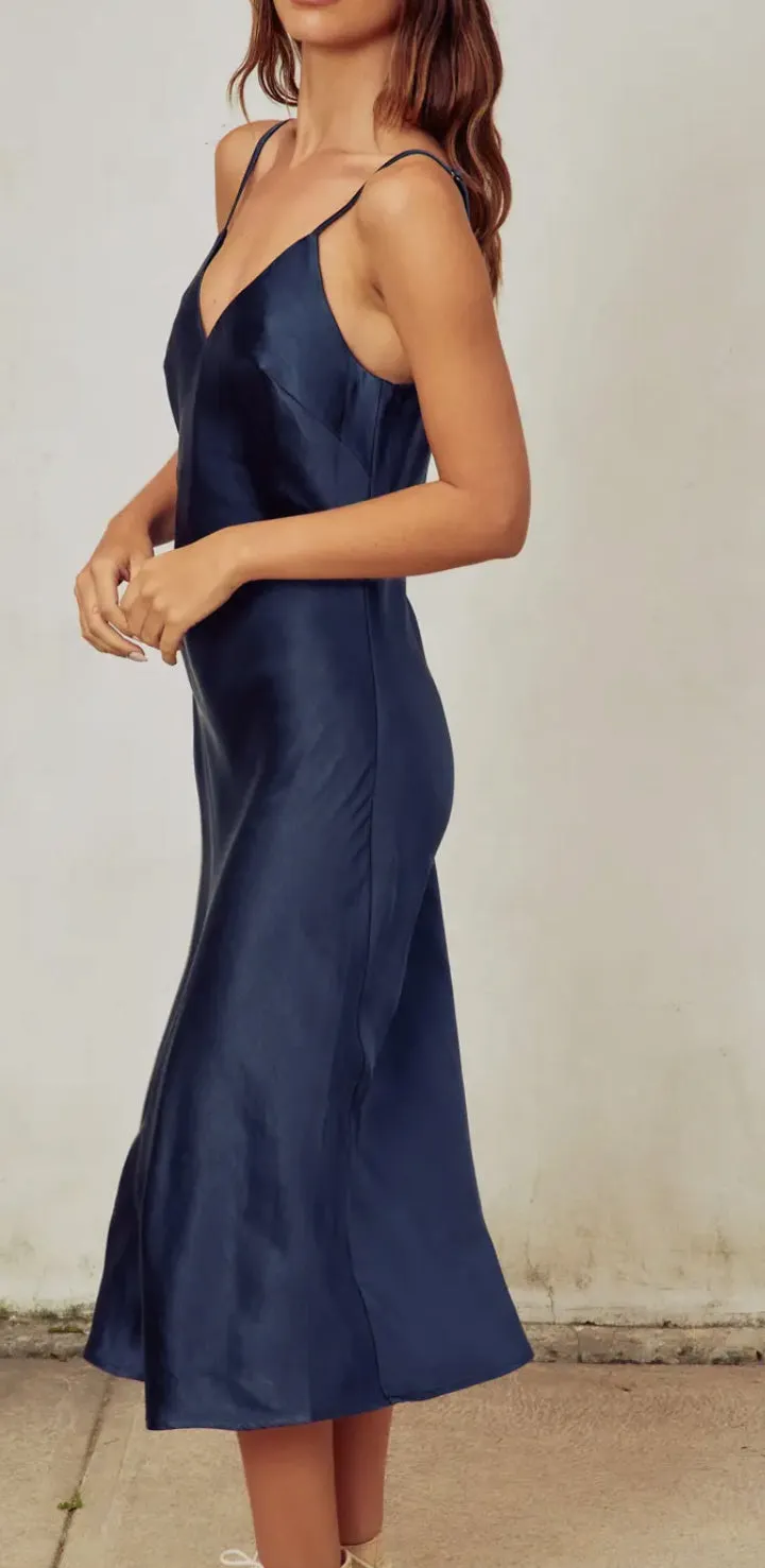 Satin Midi Slip Dress in Navy