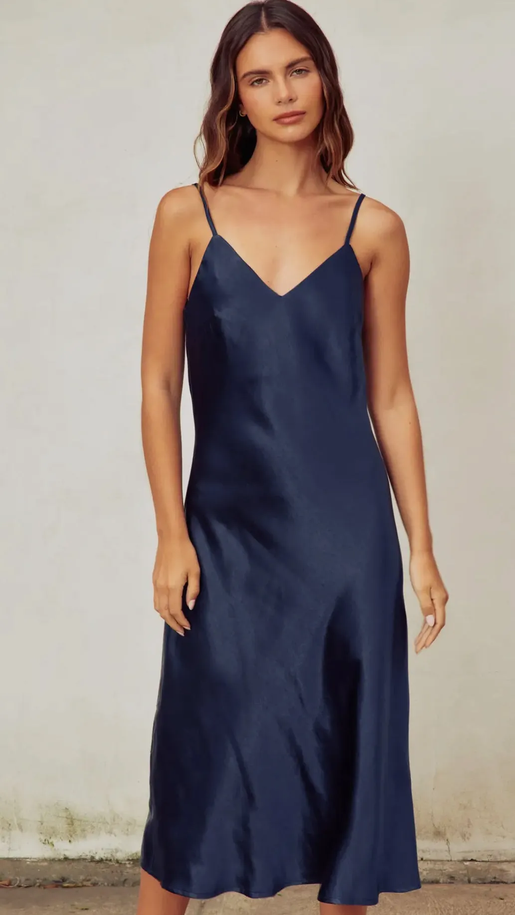 Satin Midi Slip Dress in Navy