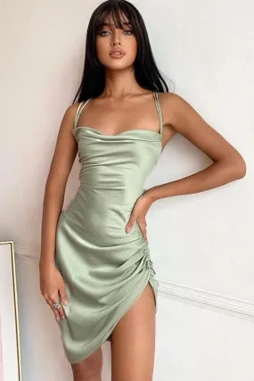 Satin Open Back Ruched Cami Dress