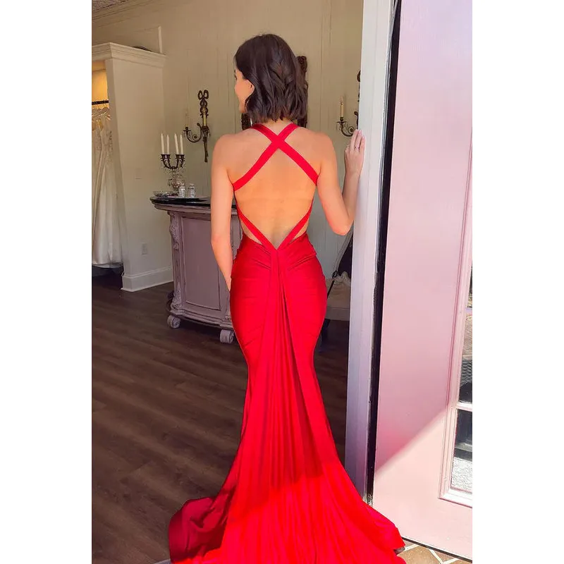 Sexy & Hot V-Neck Crisscross Back Mermaid Straps Evening Party Prom Dress