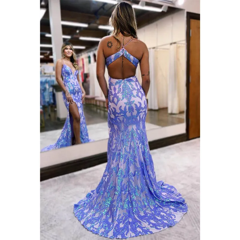 Sexy Plunging V Neck Sequins Appliques Mermaid Prom Dress with Slit