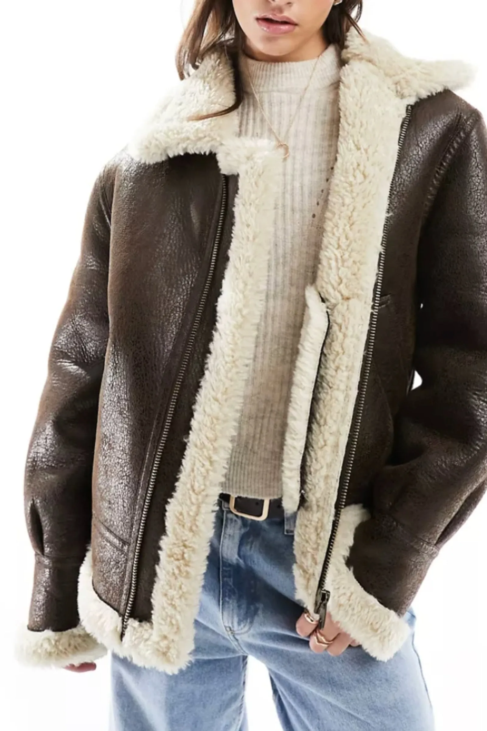 Shearling Detail Aviator Jacket in Dark Brown