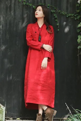 single-breasted vintage loose waist commuter linen long dress CYM352