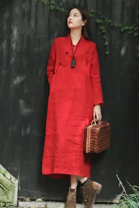 single-breasted vintage loose waist commuter linen long dress CYM352