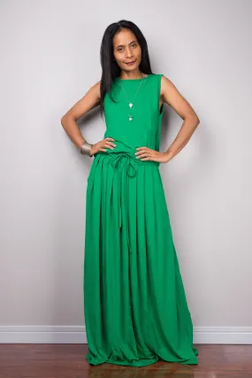 Sleeveless green maxi dress, Long green full dress with pockets