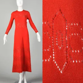 Small 1970s Dress Pat Sandler Red Knit Maxi Long Sleeve Sheer Decorative Details Knit